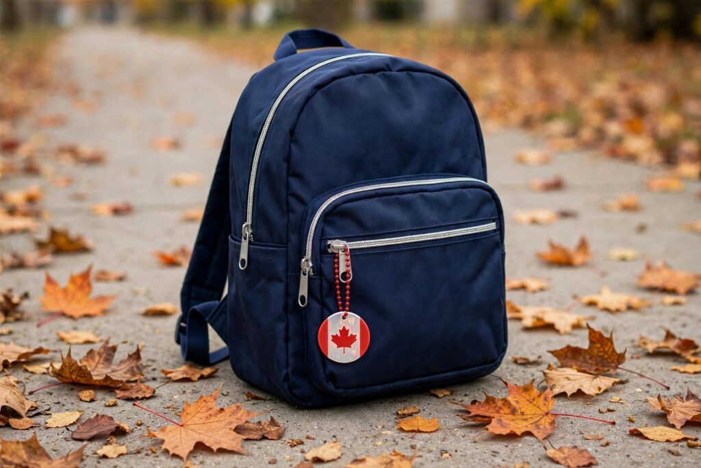 Kid's backpack with True North reflective tag on a sidewalk with autumn leaves