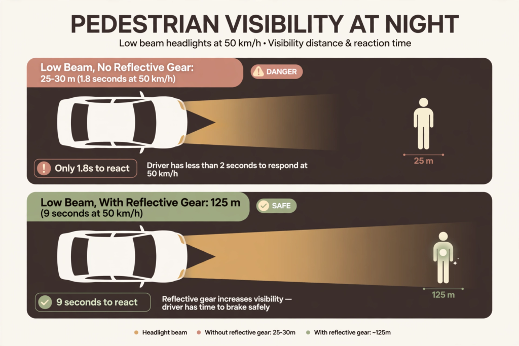 Diagram showing pedestrian visibility at night: 25 metres without reflective gear vs 125 metres with reflective gear
